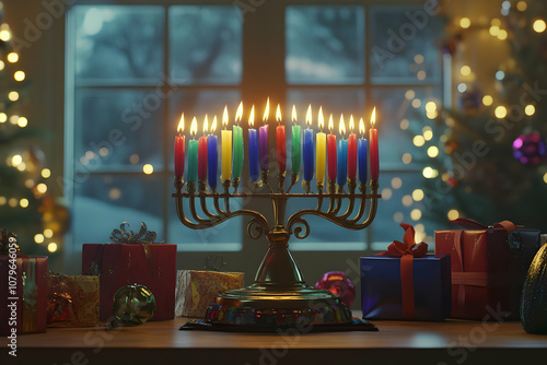 A menorah with brightly colored candles is surrounded by gifts and festive decorations. photo