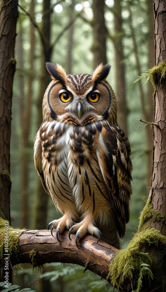 An owl sitting on a branch in a dense forest, with its piercing eyes looking directly at the viewer. An owl sitting on a branch in a dense forest, with its piercing eyes looking directly at the viewer.