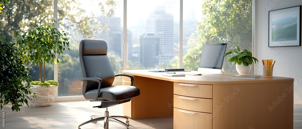 Fototapeta premium Bright and inviting home office setting with wooden desk desktop computer and potted plant near large window Minimalist and modern workspace design promoting productivity and comfort