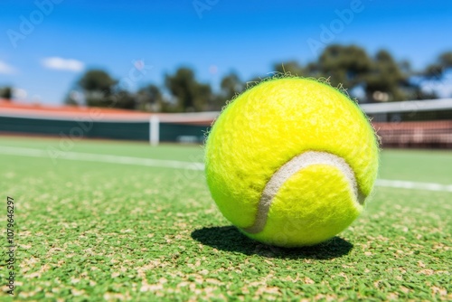 A single yellow tennis ball sits on a green court with a net and blue sky in the background.