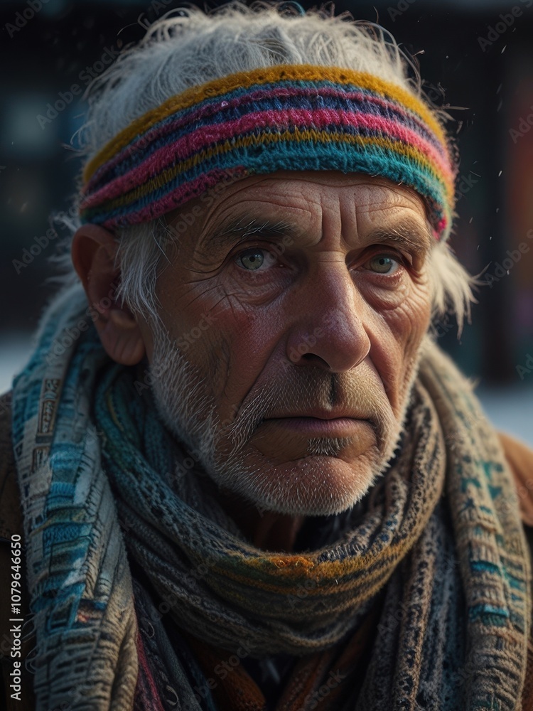 Old Indian Man's Eyes Behind Pastel Neon Wool Scarf in Snowy Old Indian Man's Eyes Behind Pastel Neon Wool Scarf in Snowy