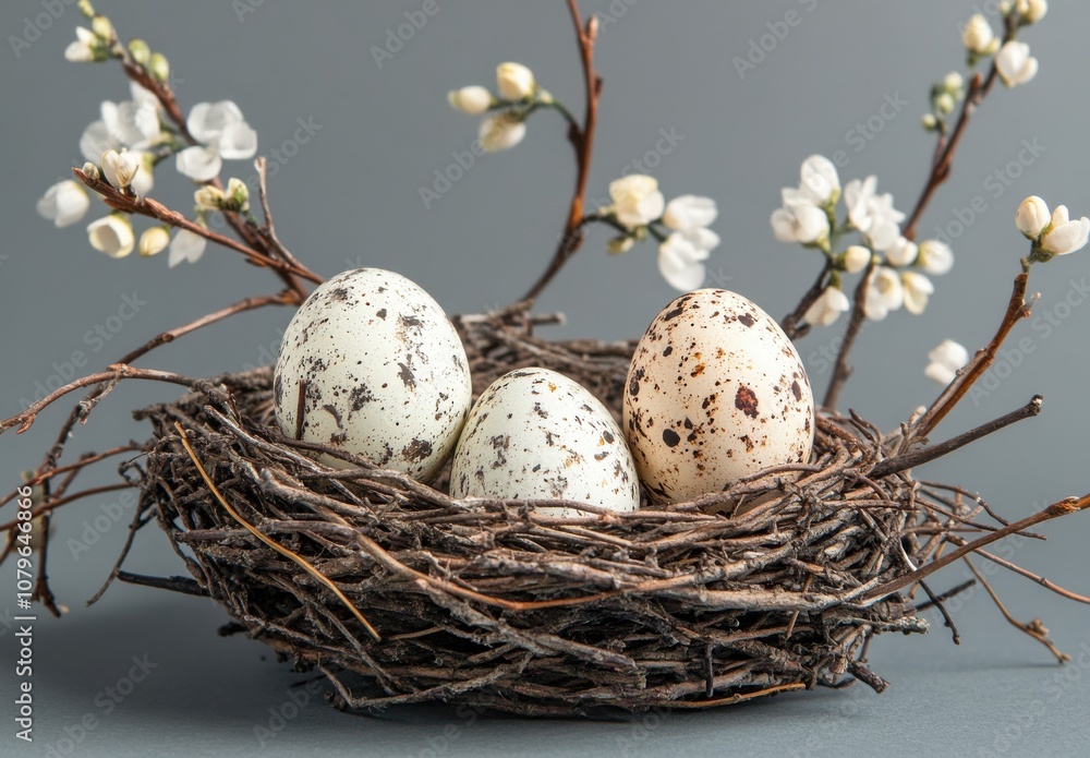 Eggs in a Nest with Flowers on Gray Background Eggs in a Nest with Flowers on Gray Background