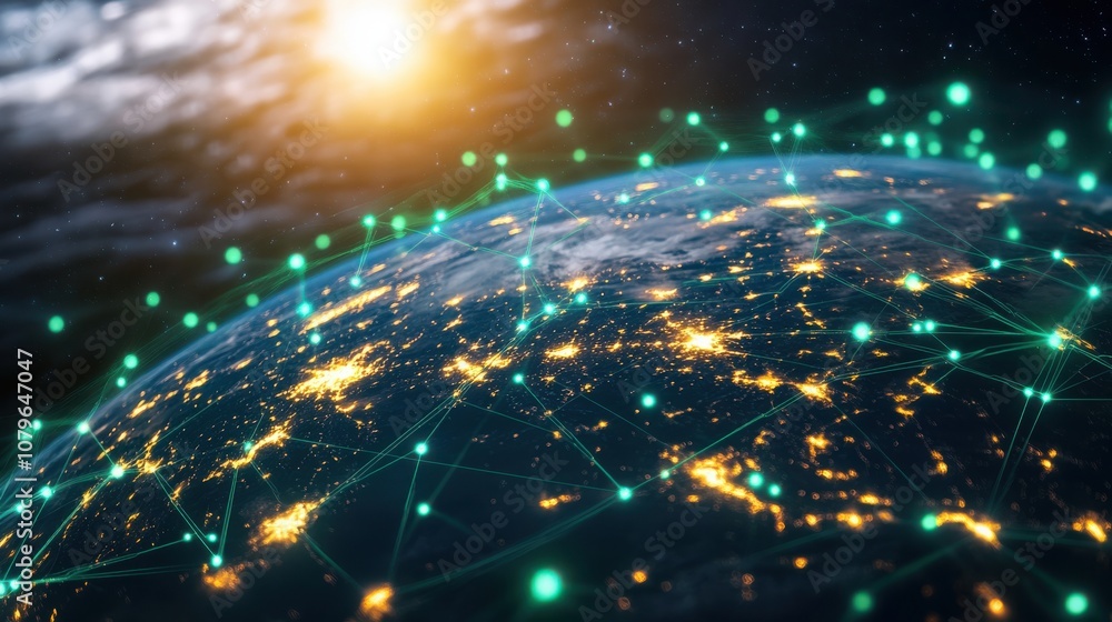 Obraz premium Glowing Data Connections on Earth in Dark Atmosphere