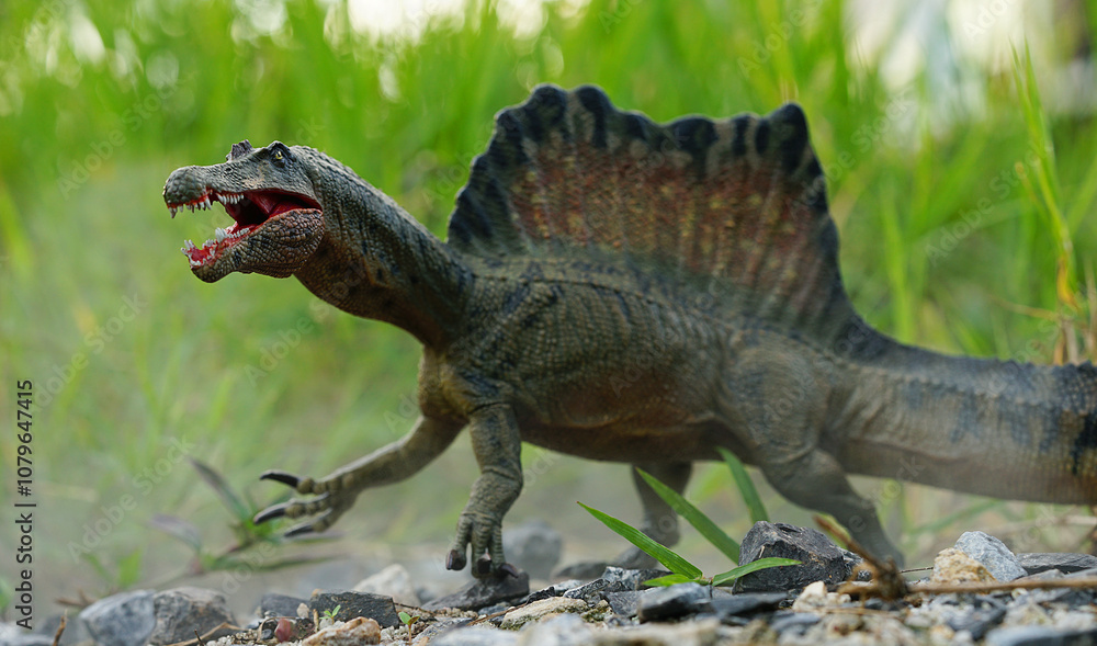 Fototapeta premium spinosaurus toy stands on nature background.