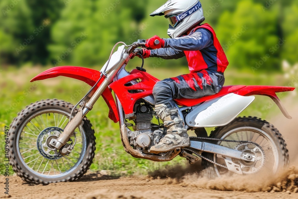 A motocross rider speeds through a dirt track, kicking up dust as he navigates the terrain. A motocross rider speeds through a dirt track, kicking up dust as he navigates the terrain.