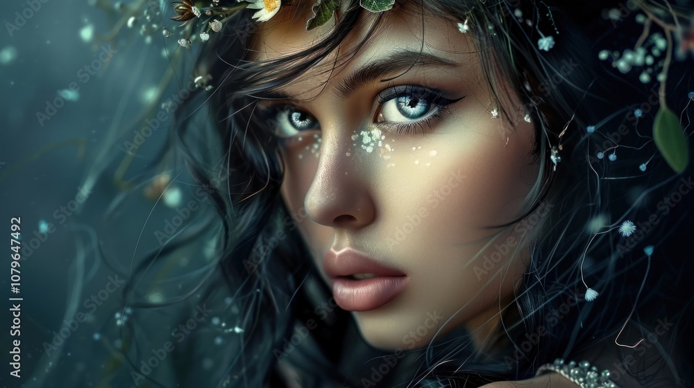 Mysterious young girl with beautiful eyes, AI generated image