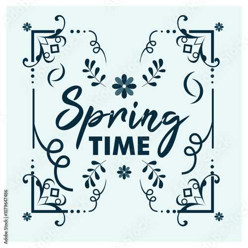 Spring text with floral elements. Black and white in the background. Spring Flourishing concept. Flat vector illustration.