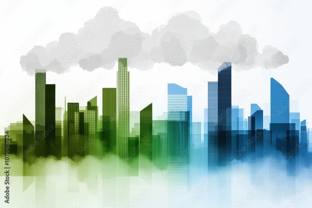 Economic Growth and Climate Change concept. A stylized city skyline with green and blue buildings, surrounded by clouds, representing urban development and environmental themes. Economic Growth and Climate Change concept. A stylized city skyline with green and blue buildings, surrounded by clouds, representing urban development and environmental themes.