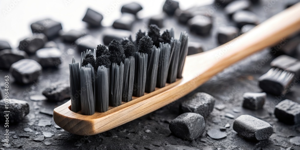 Naklejka premium Close-up of black toothbrush with charcoal pieces, oral care, hygiene, dental, charcoal toothbrush, black, cleaning