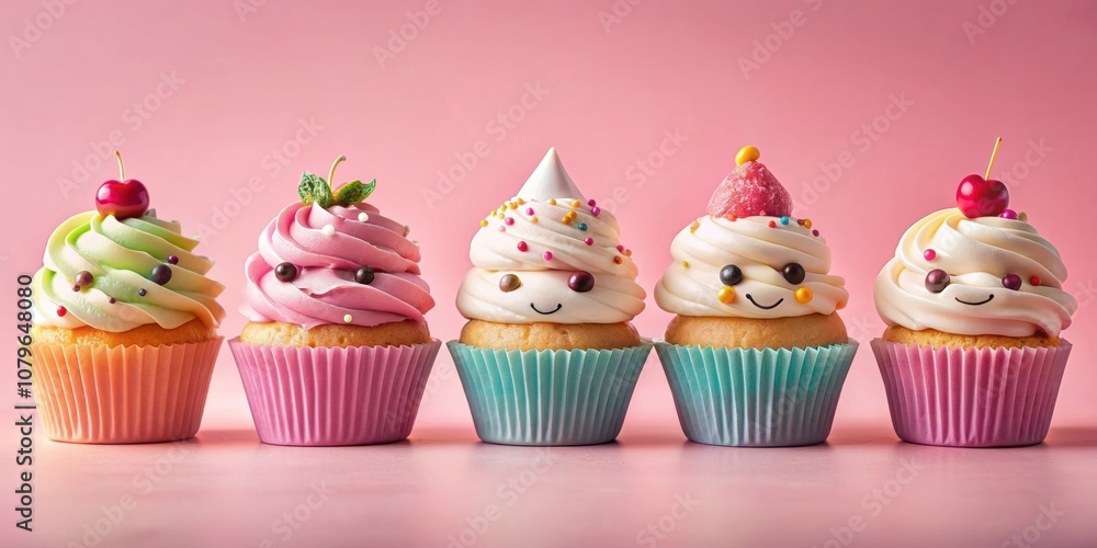 Five adorable cupcake characters with unique expressions and toppings against a soft pink background , cupcake, characters Five adorable cupcake characters with unique expressions and toppings against a soft pink background , cupcake, characters
