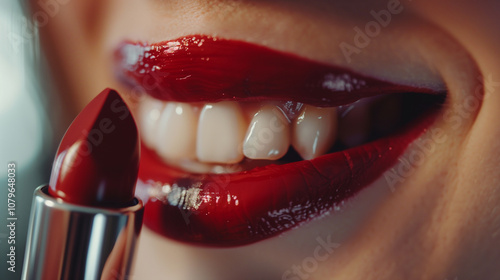 Close-up of smiling lips with red lipstick being applied