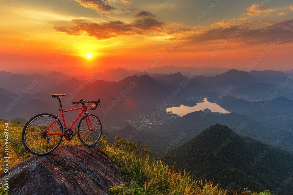 A red bicycle sits on a rocky cliff overlooking a valley, with the sunset casting a warm glow over the landscape. A red bicycle sits on a rocky cliff overlooking a valley, with the sunset casting a warm glow over the landscape.