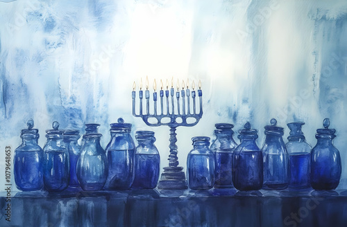 A serene watercolor depicting a menorah surrounded by blue jars, symbolizing tradition and light. photo