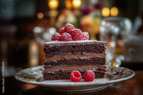 A decadent chocolate cake, rich cocoa layers, velvety ganache, fresh raspberries, powdered sugar dusting,  soft candlelight,  in an elegant dessert cafe