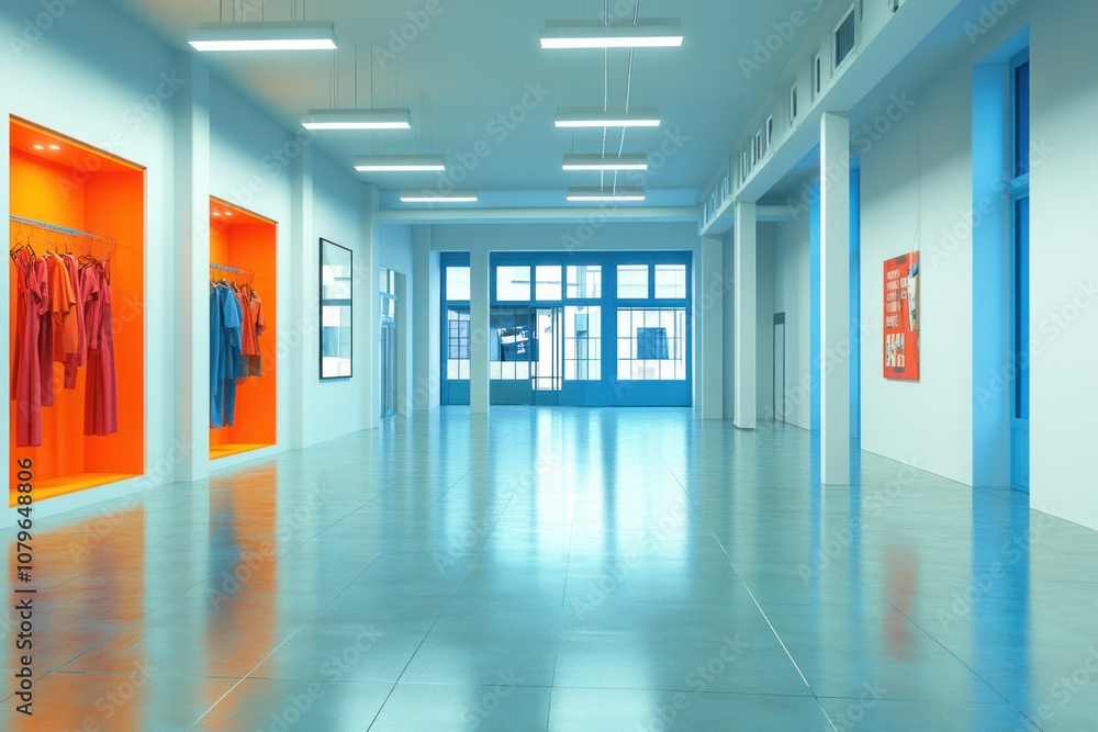 A long, modern hallway with white walls, a tiled floor, and a large window at the end, with orange and blue accents. A long, modern hallway with white walls, a tiled floor, and a large window at the end, with orange and blue accents.