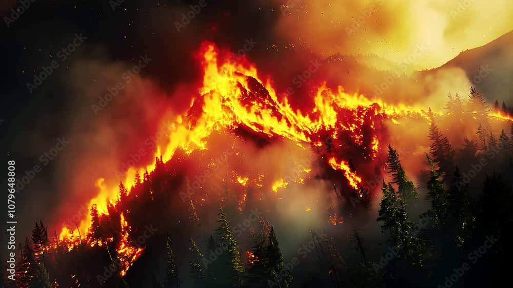 Fiery inferno engulfs the dark forest, casting an ominous glow Fiery inferno engulfs the dark forest, casting an ominous glow