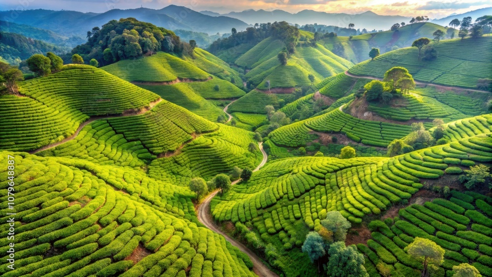 Fototapeta premium Aerial view of lush multi-level tea plantations in the mountains , agriculture, landscape, farming, green, environment, scenic