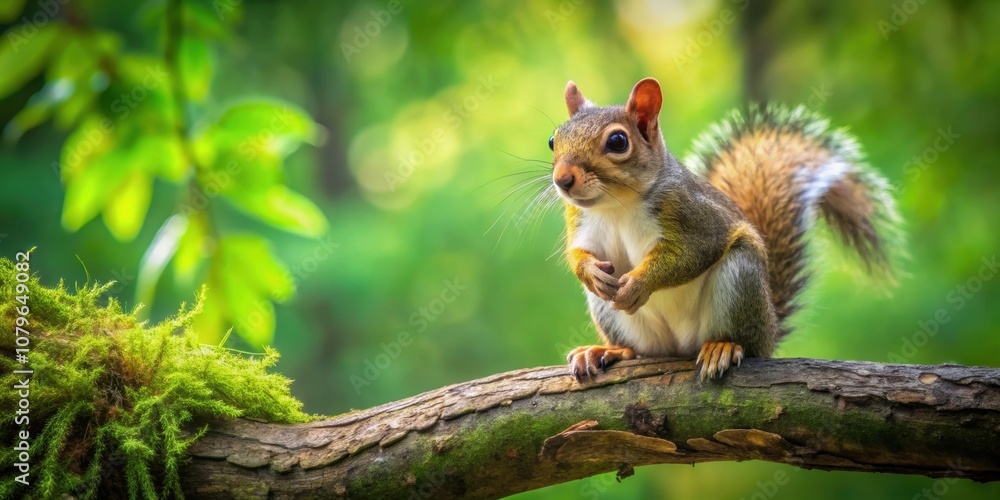A squirrel perched on a tree branch in a lush green forest , wildlife, nature, woodland, cute, fluffy, mammal, rodent, trees A squirrel perched on a tree branch in a lush green forest , wildlife, nature, woodland, cute, fluffy, mammal, rodent, trees