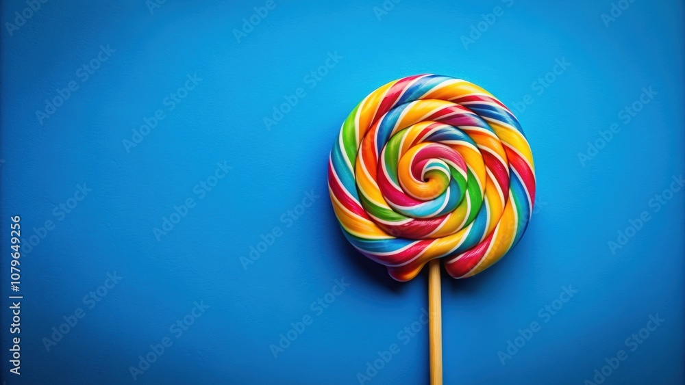 Colorful swirl lollipop against a vibrant blue background, sweets, swirl, candy, treat, confectionery, bright, vibrant Colorful swirl lollipop against a vibrant blue background, sweets, swirl, candy, treat, confectionery, bright, vibrant