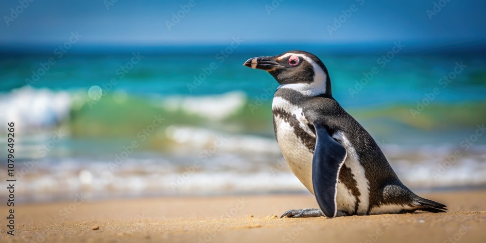 Fototapeta premium A penguin enjoying the sun on a sandy beach, penguin, beach, wildlife, nature, adorable, cute, bird, aquatic, ocean, sunny