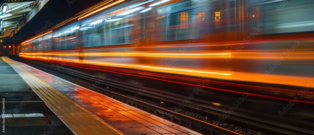 Long exposure light trails of a passing Train and dynamic movement, AI generated image Long exposure light trails of a passing Train and dynamic movement, AI generated image