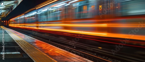 Long exposure light trails of a passing Train and dynamic movement, AI generated image