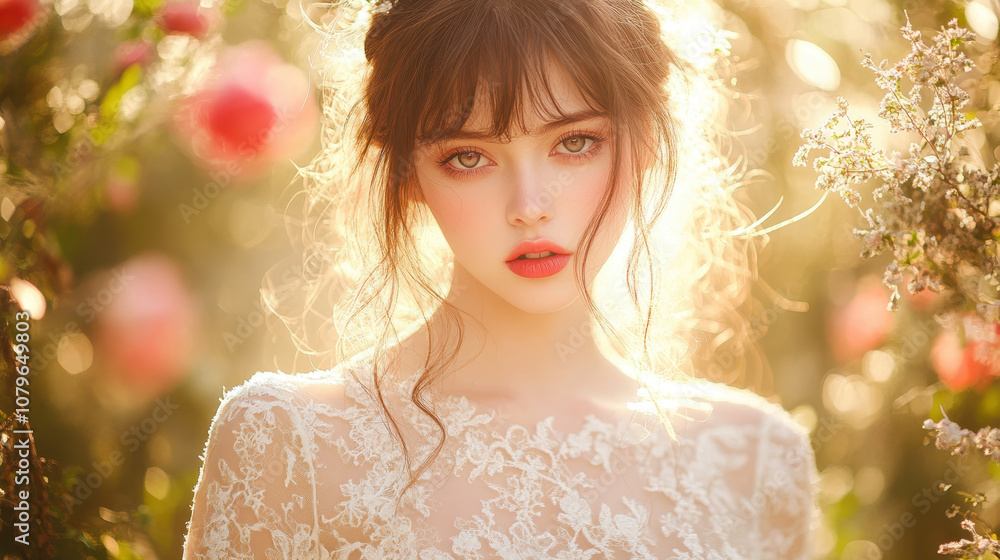 young woman with long hair, wearing lace dress, surrounded by flowers in sunlit garden, exuding serene and ethereal beauty young woman with long hair, wearing lace dress, surrounded by flowers in sunlit garden, exuding serene and ethereal beauty