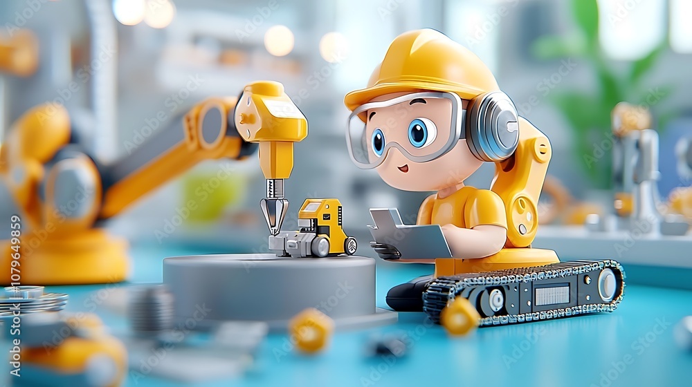 Fototapeta premium Cute and Cartoonish Robot Character Wearing Hard Hat Using Power Tools and Equipment in a Futuristic and Modern Industrial Workspace Setting