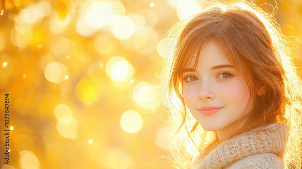 Fototapeta premium young woman with warm smile in cozy sweater, surrounded by golden autumn leaves and soft sunlight, creating serene and joyful atmosphere