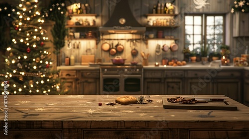 Holiday Cooking Haven: A Festive Kitchen with a Cozy Atmosphere and Wooden Table