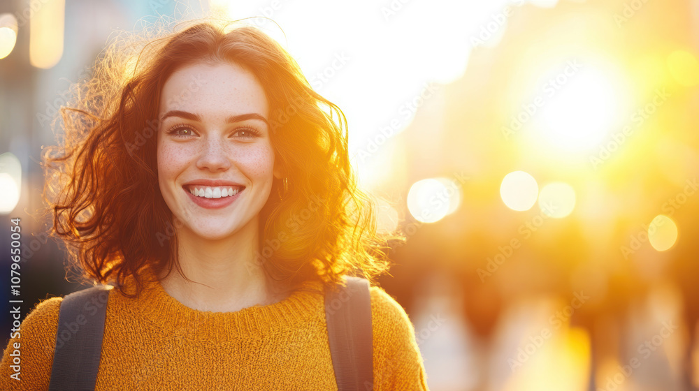 Smiling woman with curly hair in sunny urban setting, radiating joy and warmth. golden sunlight creates vibrant atmosphere Smiling woman with curly hair in sunny urban setting, radiating joy and warmth. golden sunlight creates vibrant atmosphere