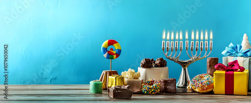 A festive display featuring sweets, a menorah, and gifts against a vibrant blue background. photo