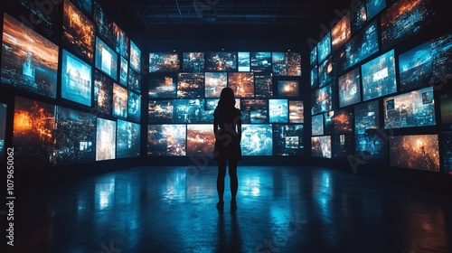 Silhouette of a woman standing in a room with multiple screens displaying various images.