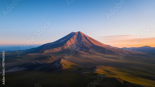 stunning aerial view of majestic volcano at sunrise, showcasing its grandeur and surrounding landscape. warm colors of dawn illuminate mountain slopes beautifully.