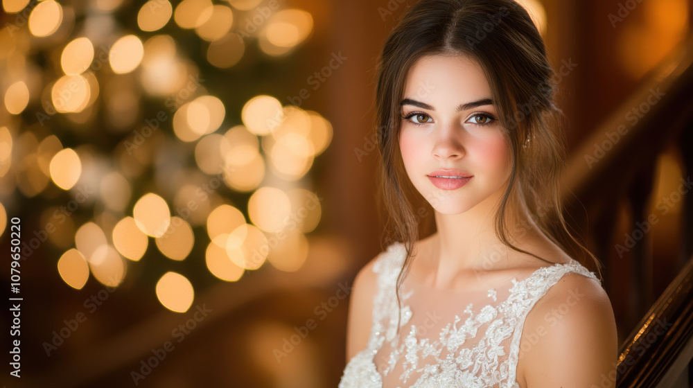 young woman with long hair, wearing beautiful wedding dress, poses elegantly in soft lighting with blurred background of festive lights. Her expression is serene and joyful young woman with long hair, wearing beautiful wedding dress, poses elegantly in soft lighting with blurred background of festive lights. Her expression is serene and joyful