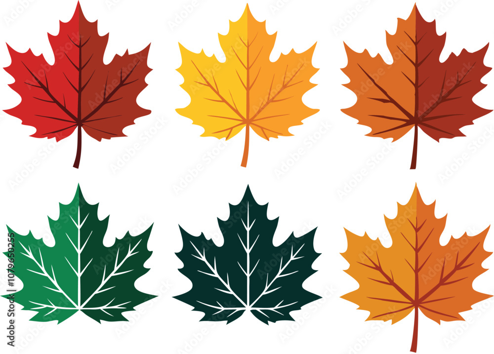 Fototapeta premium Vector Silhouette Summer Icon Set of Maple Leaves in Autumn Colors on White Background