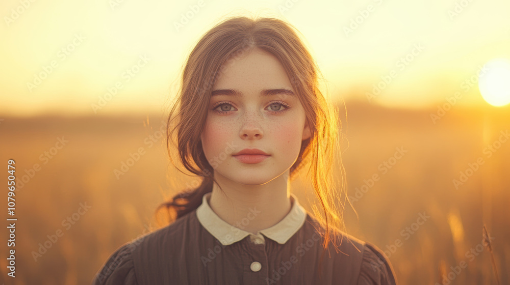 young woman stands in golden field during sunset, with soft light illuminating her features. Her serene expression reflects beauty of nature young woman stands in golden field during sunset, with soft light illuminating her features. Her serene expression reflects beauty of nature