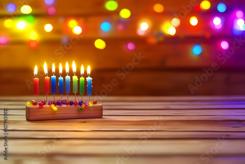 A menorah with lit candles against a colorful bokeh background. photo