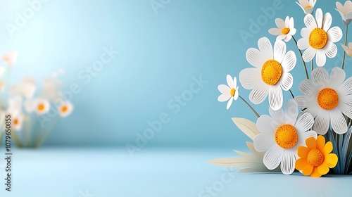Delicate bright white daisy flowers blooming in a peaceful serene springtime meadow with a soft natural background  The dainty petals and green foliage create a tranquil