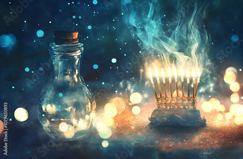 A serene scene featuring a glowing menorah and a glass bottle amid a dreamy atmosphere. photo