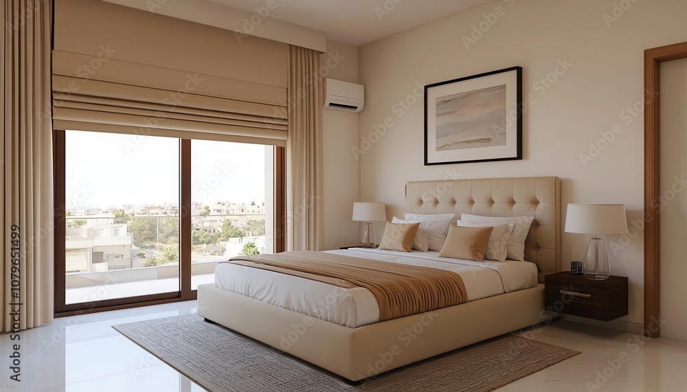 A modern bedroom featuring a plush bed, elegant decor, and natural light streaming in through large windows. A modern bedroom featuring a plush bed, elegant decor, and natural light streaming in through large windows.