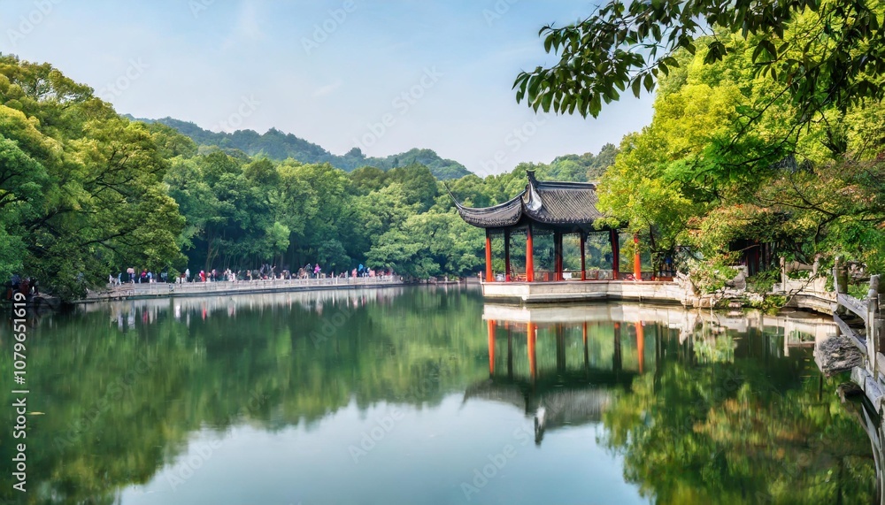 Traditional Chinese Pavilions in Hangzhou’s West Lake Surrounded by Lush Gardens and Reflective Waters, Creating a Serene Cultural Landscape Perfect for Peaceful Meditation and Photography Traditional Chinese Pavilions in Hangzhou’s West Lake Surrounded by Lush Gardens and Reflective Waters, Creating a Serene Cultural Landscape Perfect for Peaceful Meditation and Photography