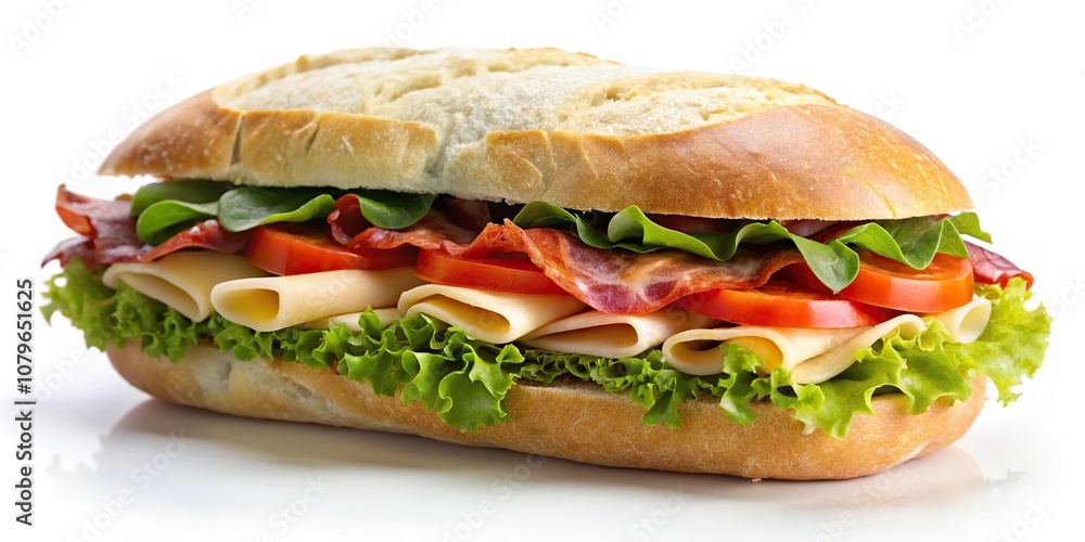 Ciabatta sandwich with lettuce, tomato, prosciutto, and cheese isolated on white background Ciabatta sandwich with lettuce, tomato, prosciutto, and cheese isolated on white background