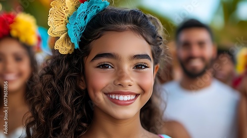 Joyful young woman with curly hair wearing a vibrant flower headpiece smiling and looking cheerful in an outdoor natural setting with a blurred background