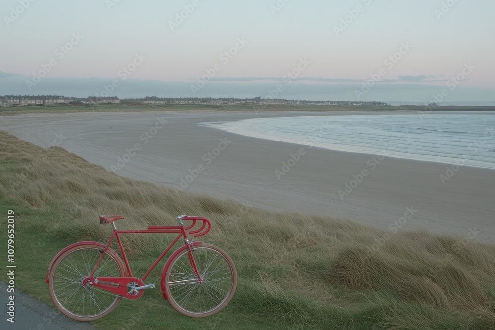 Fototapeta premium A red bicycle sits on a sandy beach with a picturesque view of the ocean and a coastline in the background.
