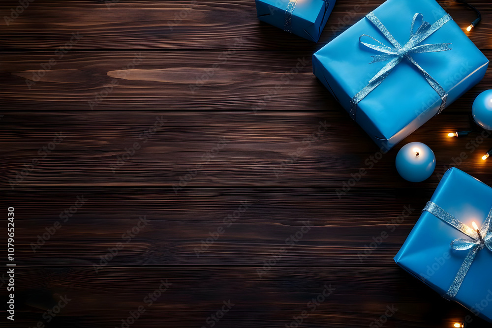 A cozy arrangement of blue gift boxes and candles on a wooden surface, perfect for celebrations. A cozy arrangement of blue gift boxes and candles on a wooden surface, perfect for celebrations.