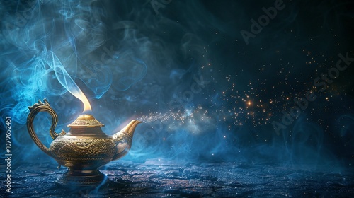 The Magic of Aladdin: A Lamp Releasing Ethereal Mist in a Starry Night Setting photo