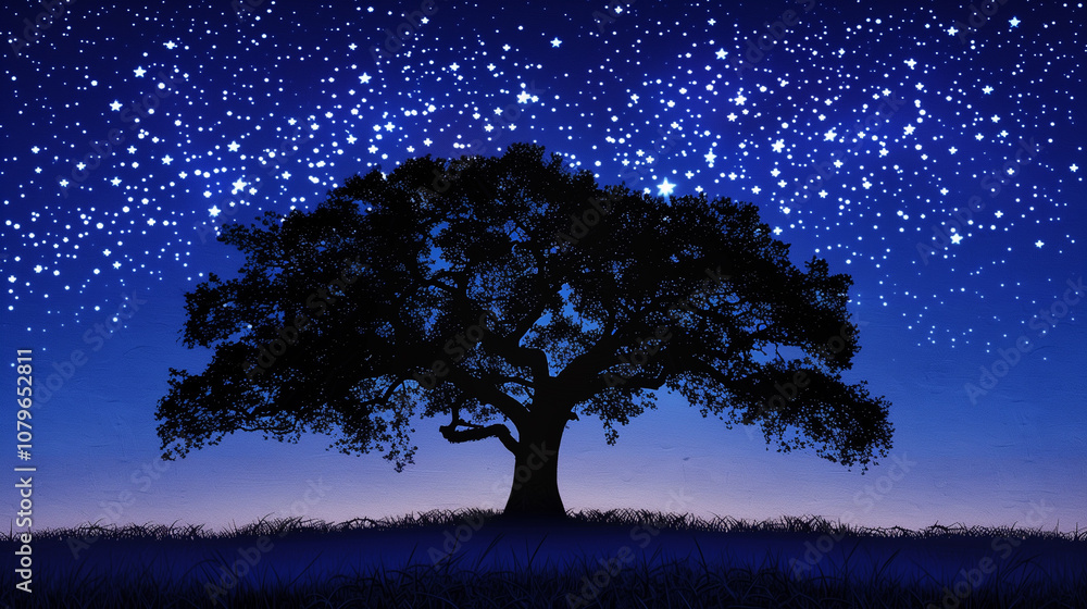Silhouette of a large tree under a starry night sky, evoking calm and wonder Silhouette of a large tree under a starry night sky, evoking calm and wonder