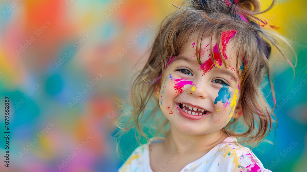Happy child with colorful paint on face and clothes in a playful and creative moment Happy child with colorful paint on face and clothes in a playful and creative moment
