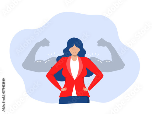 Self confidence ,positive thinking to boost confident ,Brave confident smiling woman standing showing biceps shadows facing fears like powerful hero feeling powerful confident with inner strength
